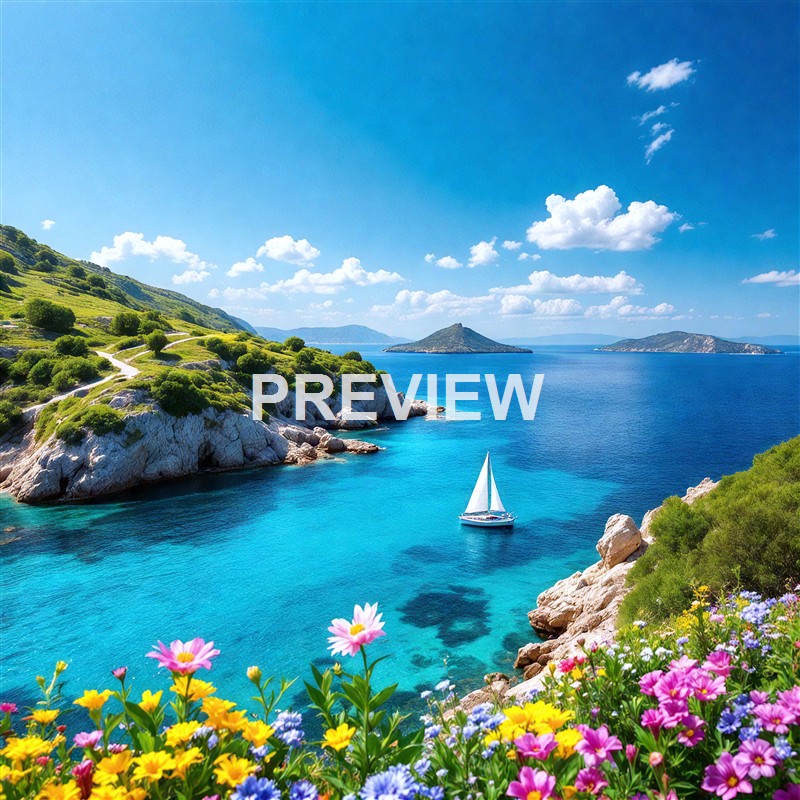 A scenic coastal landscape featuring turquoise waters, a sailboat, green hillside with walking paths, and colorful flowers in the foreground under a bright blue sky with scattered clouds.